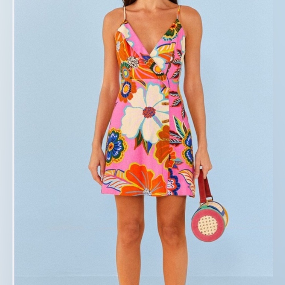 Farm Rio Pink Full Garden Mini Dress Floral Pink Sleeveless Dress Anthropologie - Picture 2 of 4
